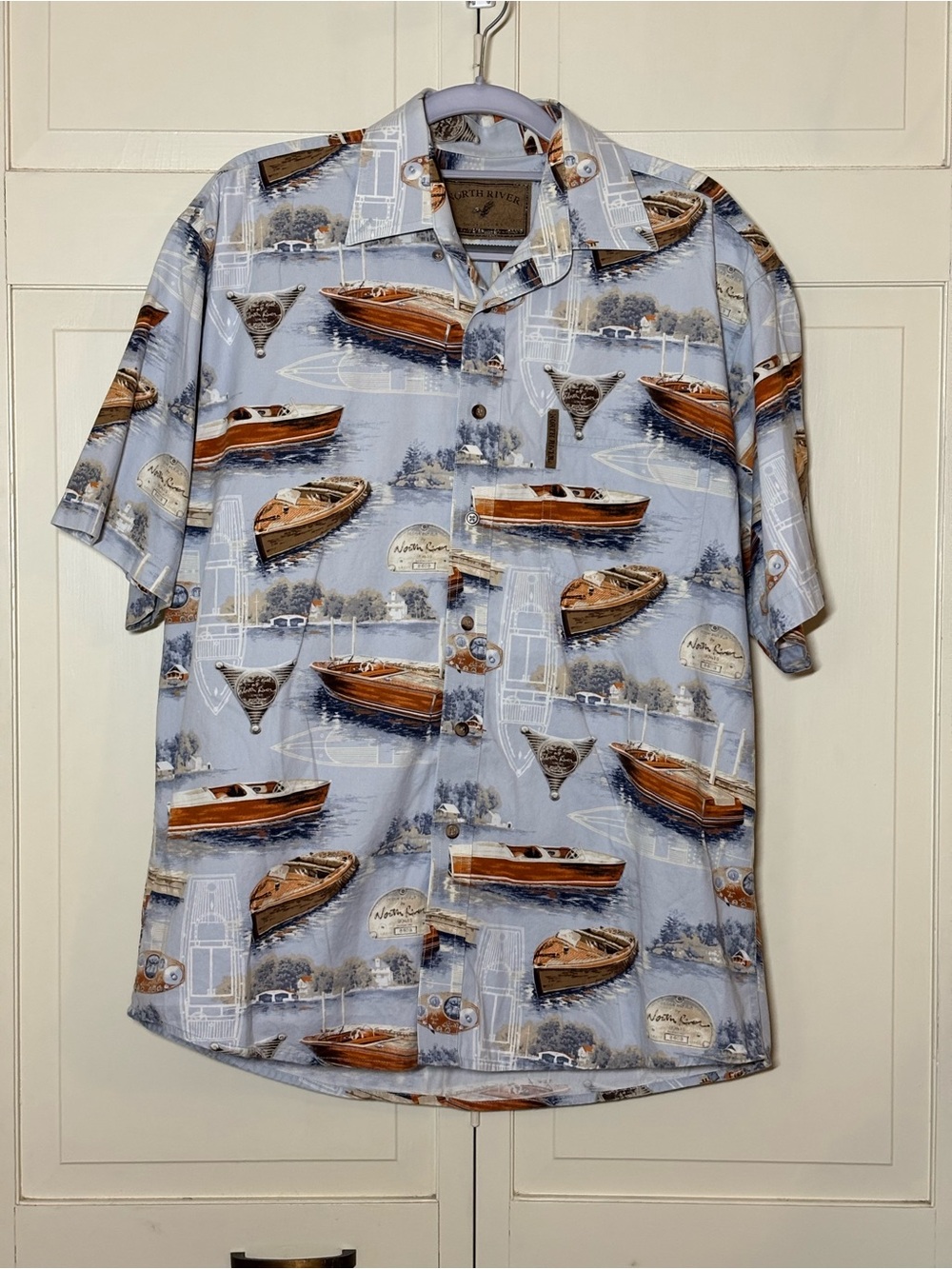 Vintage North River Outfitters Casual Light Blue Boat-Print Medium Shirt